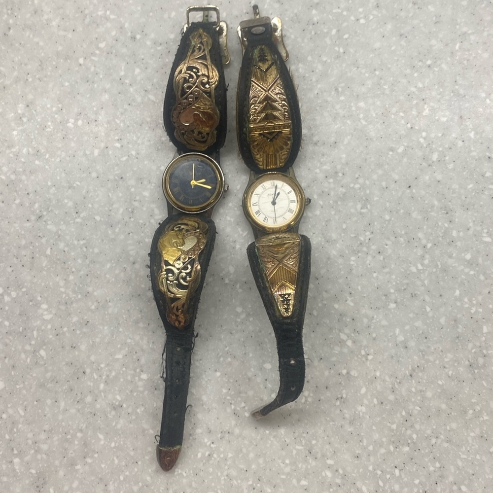 Two Vintage Montana Silversmiths Black Leather Ladies Wrist Watch Need Battery